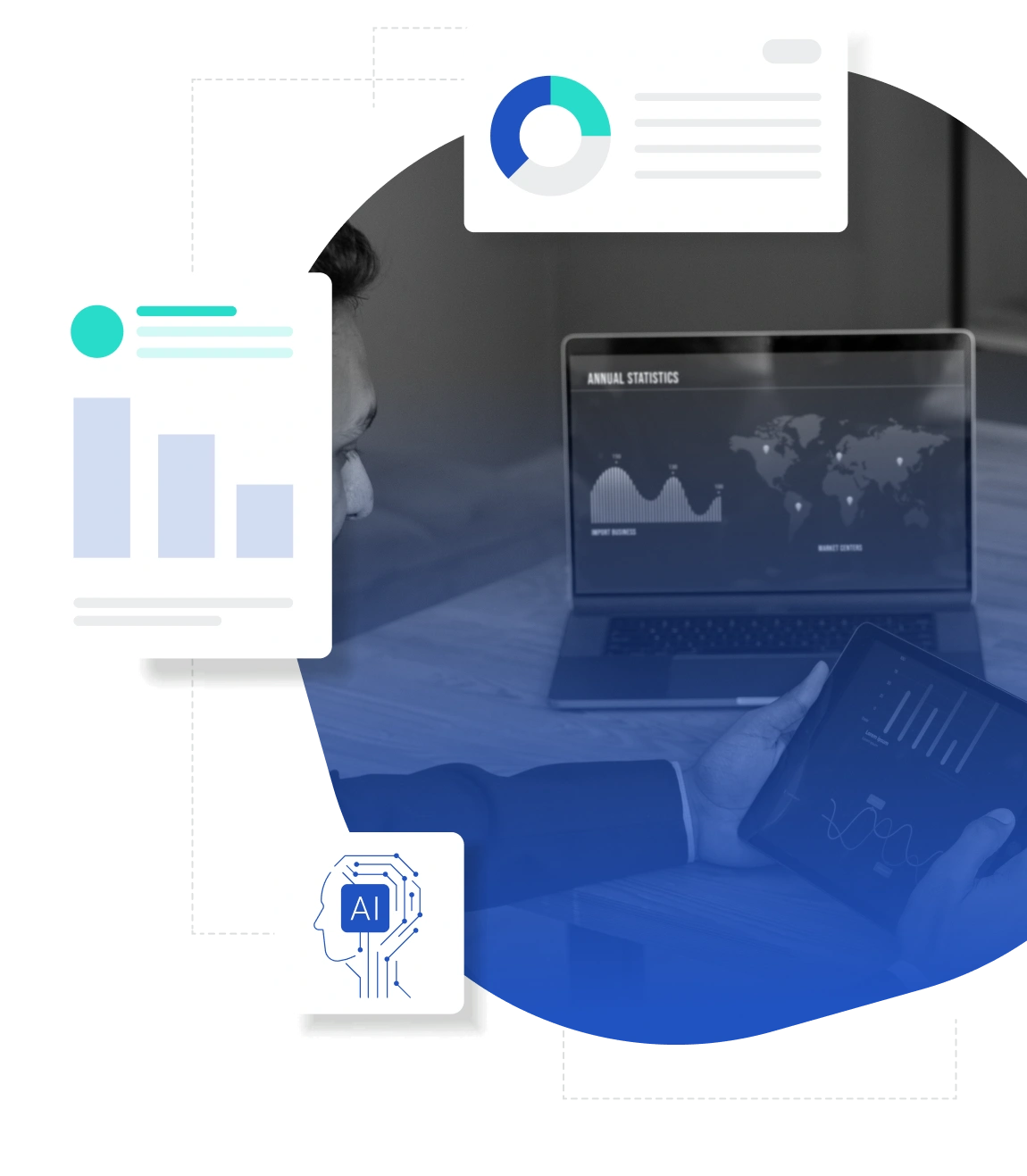 Business professional reviewing analytics on a laptop and tablet with AI and data visualization graphics