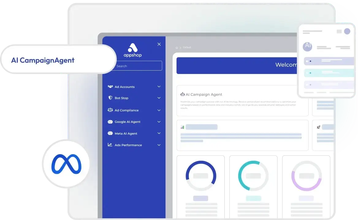 Digital advertising dashboard interface with menus, data visualizations, and branding icon
