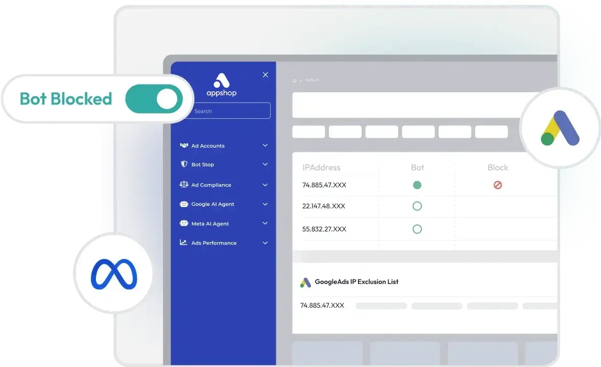 Teal computer interface for IP management and bot blocking with toggle switch and logos